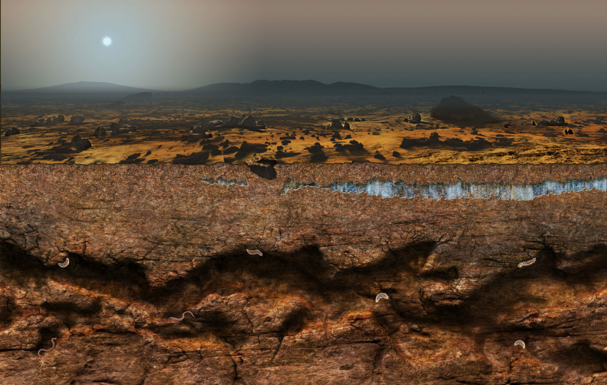 Martian Landscape showing potential extremophile life underground, based on scientific research illustrated by Nicolle R. Fuller, SayoStudio