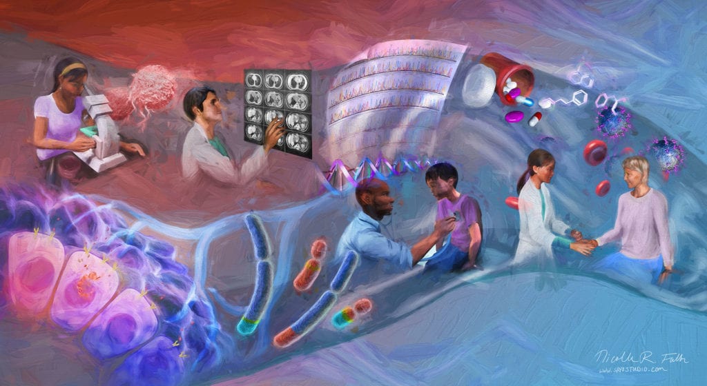 Biomedical Research, Science illustration showing medical researchers discovering and researching new treatments and therapies to combat disease and disorders.