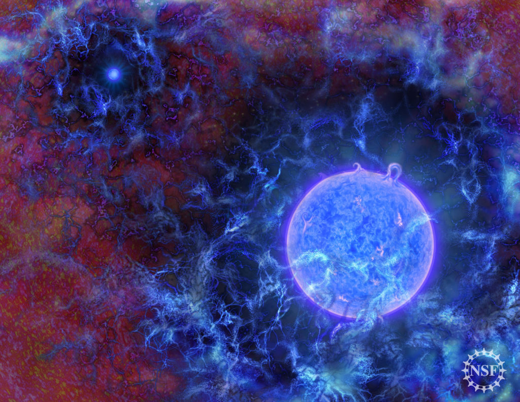 Science space art of the universe's first massive, blue stars embedded in gaseous filaments, with the cosmic microwave background just visible at the edges. For NSF, by Nicolle R. Fuller SayoStudio