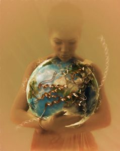 Illustration showing woman holding globe, with a focus on Africa and the growth factor protein.