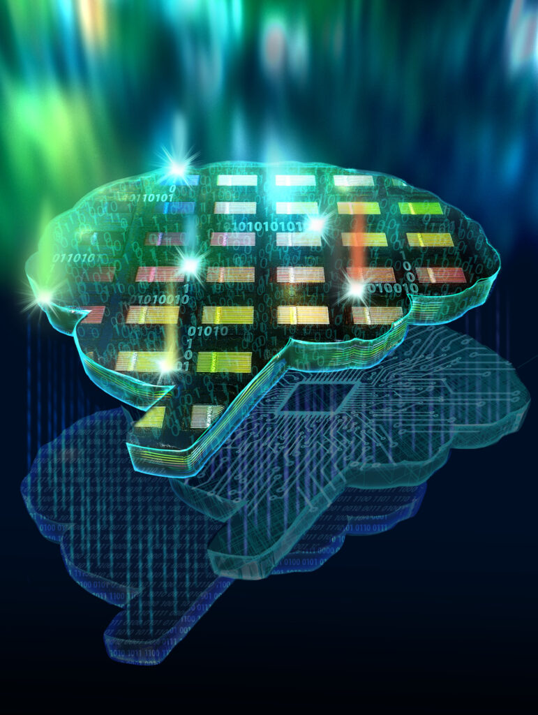 Science image of a brain with computer chip computations.