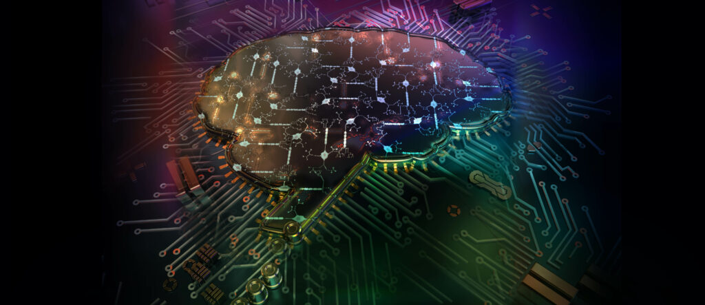 Science editorial illustration of a brain computer 'memristor' chip for George Washington University by Nicolle R. Fuller © SayoStudio
