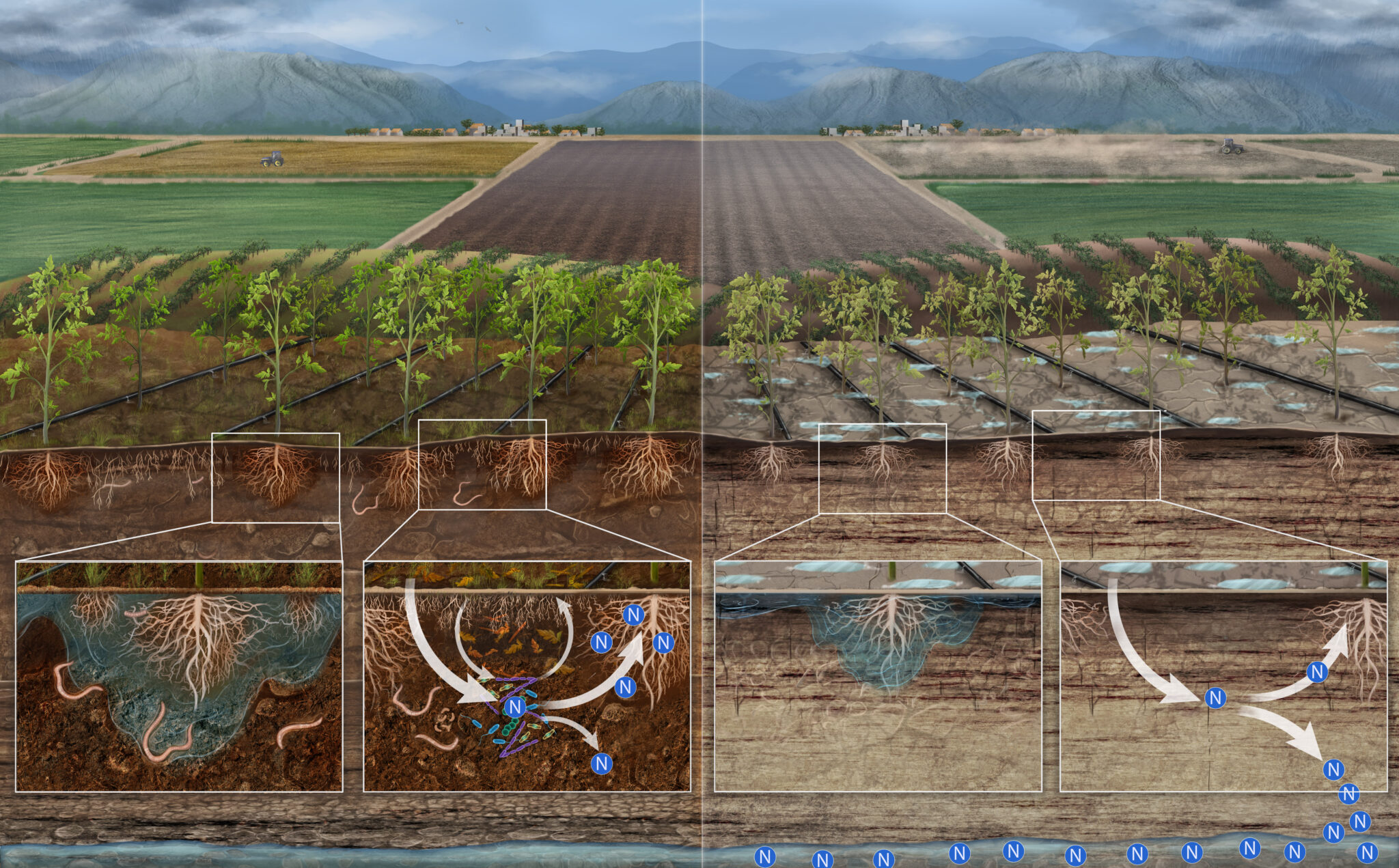 Scientific visualization for Sustainable Conservation showing the benefits of sustainable farming practices on crop health, SayoStudio.